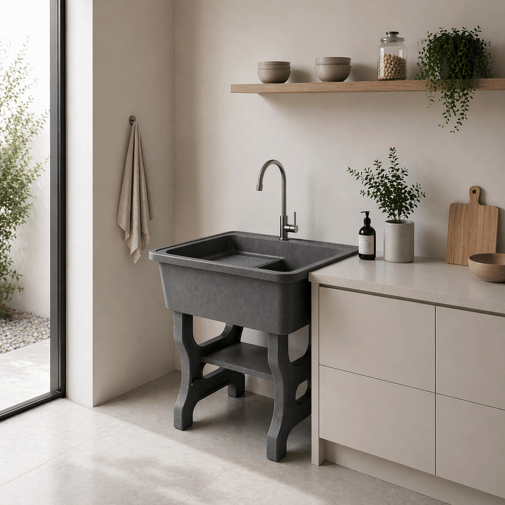 อ่างล้างจานขาตั้ง หินควอตซ์ 1 หลุม 1 ที่พัก DINOSAUR WASHTUB ขนาด 70X57X80ซม. สีดำ