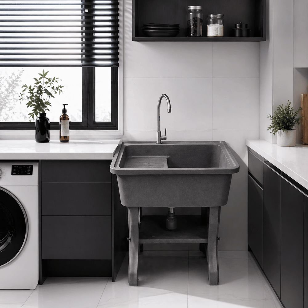 อ่างล้างจานขาตั้ง หินควอตซ์ 1 หลุม 1 ที่พัก DINOSAUR WASHTUB ขนาด 70X57X80ซม. สีดำ