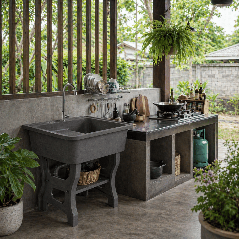 อ่างล้างจานขาตั้ง หินควอตซ์ 1 หลุม 1 ที่พัก DINOSAUR WASHTUB ขนาด 70X57X80ซม. สีดำ
