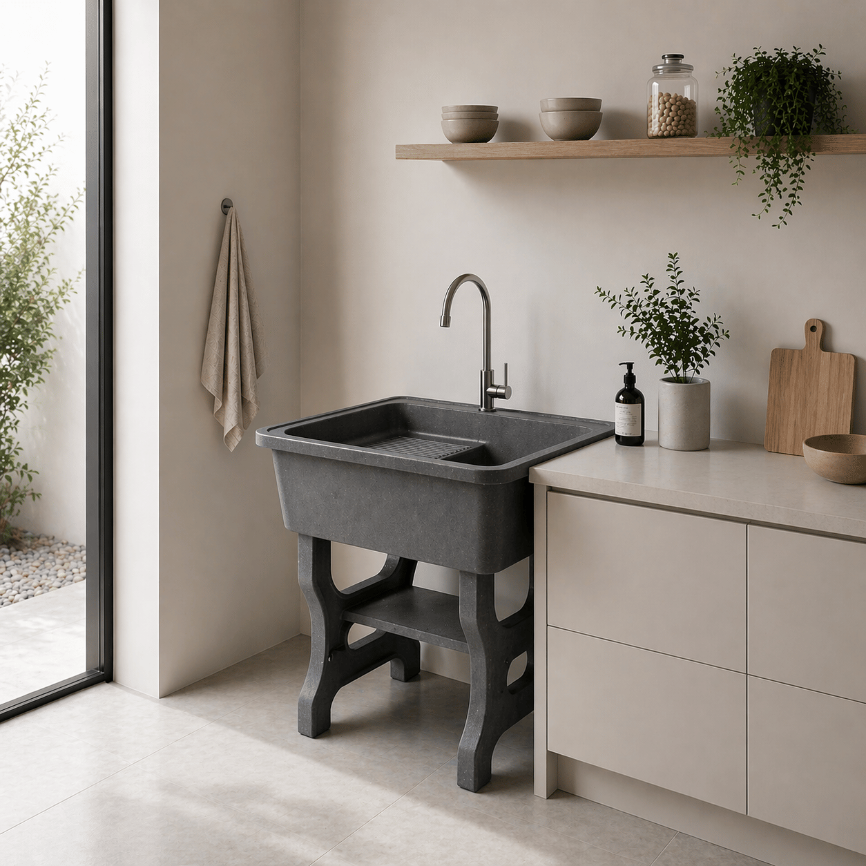 อ่างล้างจานขาตั้ง หินควอตซ์ 1 หลุม 1 ที่พัก DINOSAUR WASHTUB ขนาด 80X60X23ซม. สีดำ_4