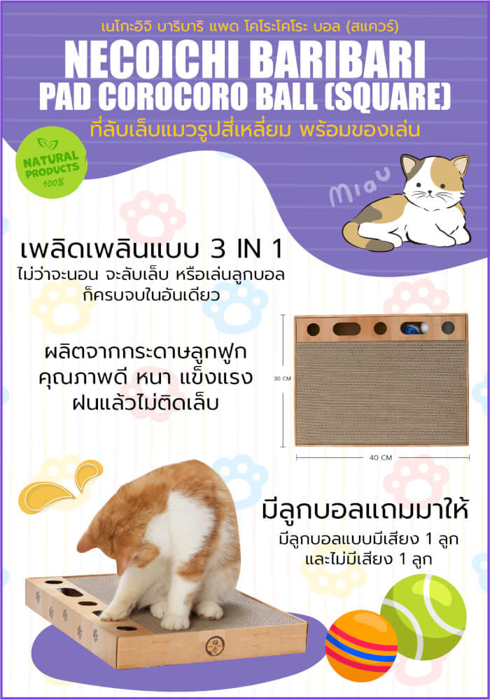 ที่ลับเล็บเเมวทรงสี่เหลี่ยม พร้อมของเล่น NECOICHI BARIBARI_4