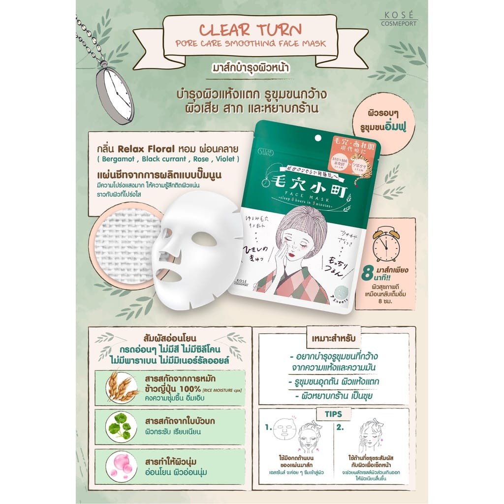 แผ่นมาส์กบำรุงผิวหน้า CLEAR TURN พอร์ แคร์ สมูทติ้ง  7 แผ่น_3