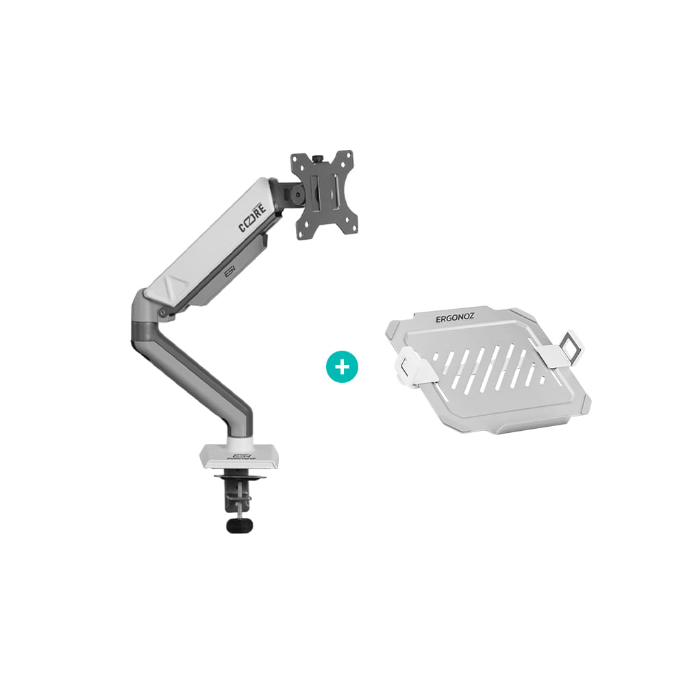 แขนจับจอ ERGONOZ รุ่น CORE แขนเดี่ยว สำหรับหน้าจอ 17 - 32 นิ้ว สีเทาเข้มและขาว พร้อมที่วางแล็ปท็อป V.3 สีขาว (EGN-C-S-G-ACC01V3-W)_0