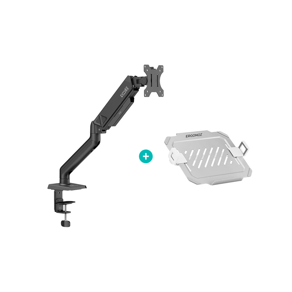 แขนจับจอ ERGONOZ รุ่น CORE แขนเดี่ยว สำหรับหน้าจอ 17 - 32 นิ้ว สีดำ พร้อมที่วางแล็ปท็อป V.3 สีขาว (EGN-C-S-B-ACC01V3-W)