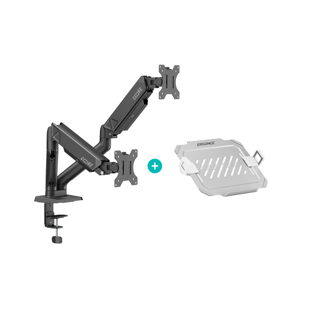 แขนจับจอ ERGONOZ รุ่น CORE แขนคู่ สำหรับหน้าจอ 17 - 32 นิ้ว สีดำ พร้อมที่วางแล็ปท็อป V.3 สีขาว (EGN-C-D-B-ACC01V3-W)