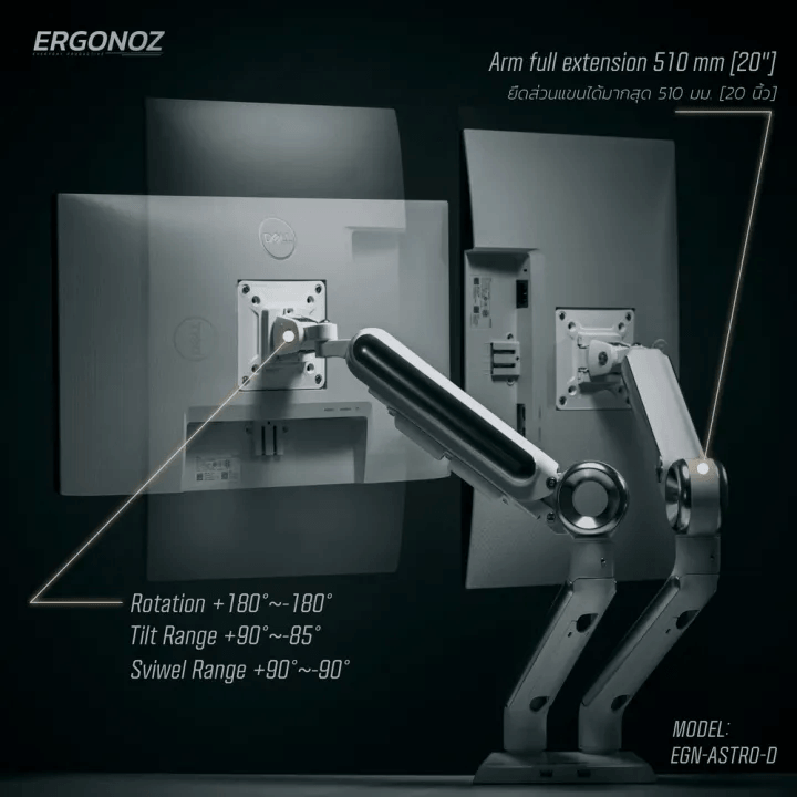 แขนจับจอ ERGONOZ รุ่น ASTRO แขนคู่ สำหรับหน้าจอ 13 - 35 นิ้ว สีขาว (EGN-ASTRO-D-W)_2