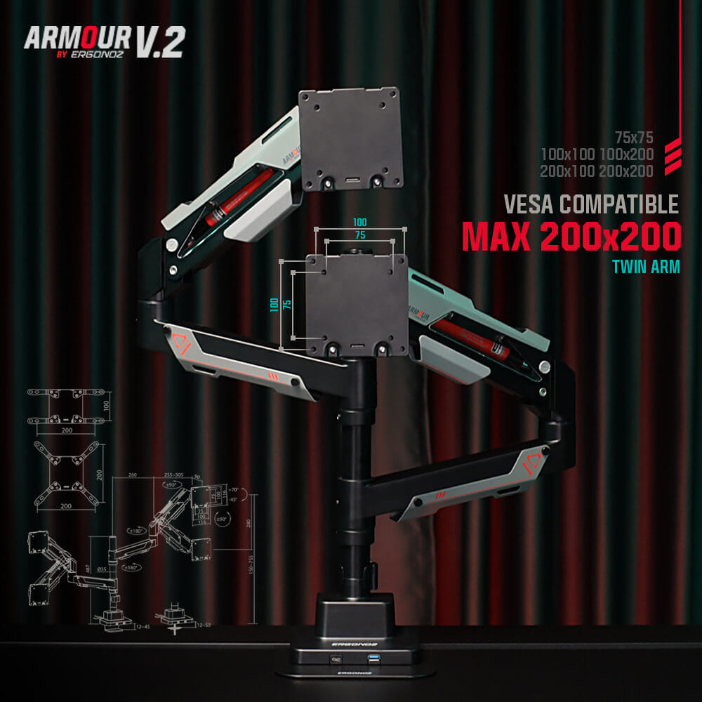 แขนจับจอ ERGONOZ รุ่น ARMOUR V.2 แขนคู่ สำหรับหน้าจอ 24 - 57 นิ้ว สีเทาเข้มและดำด้าน (EGN-ARMOURV2-D)_2