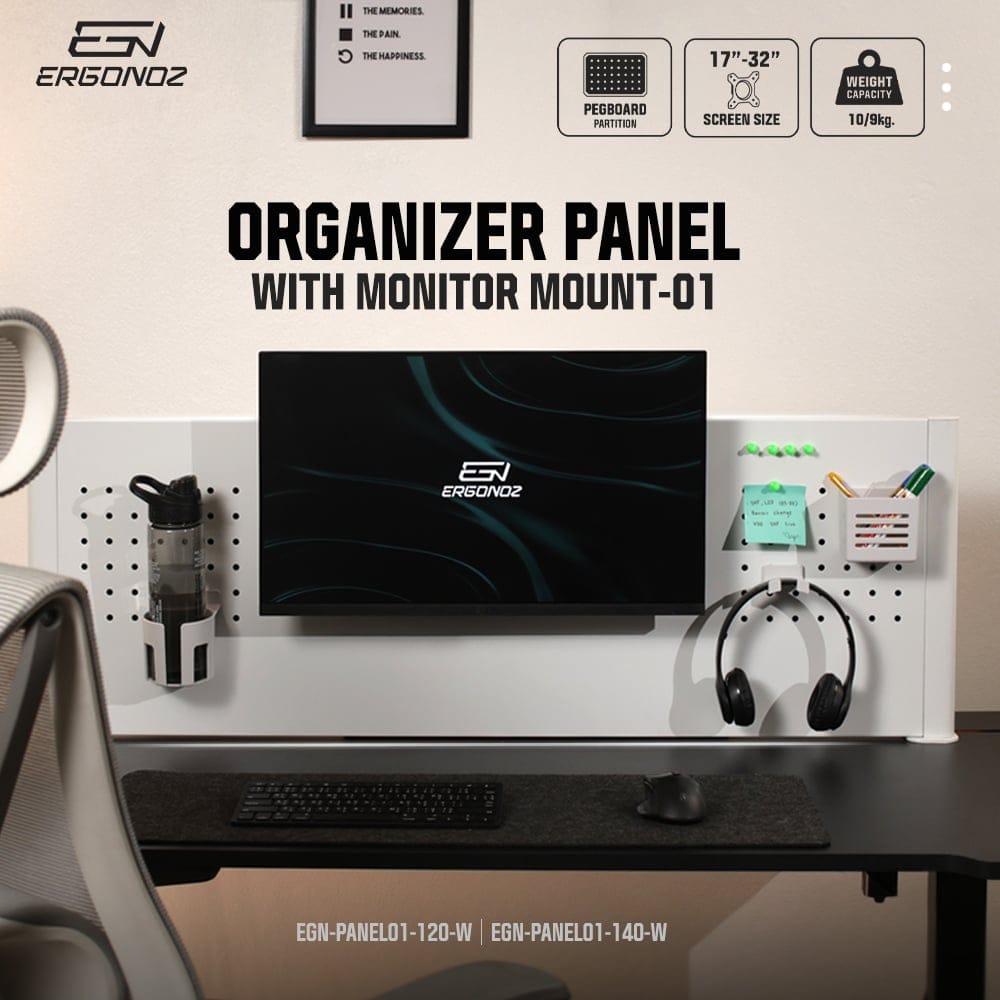 แผงบอร์ดสำหรับแขวนอุปกรณ์  ERGONOZ EGN-PANEL01-120-W, สีขาว (แผงจัดระเบียบพร้อมแขนจับจอมอนิเตอร์ 01)_2
