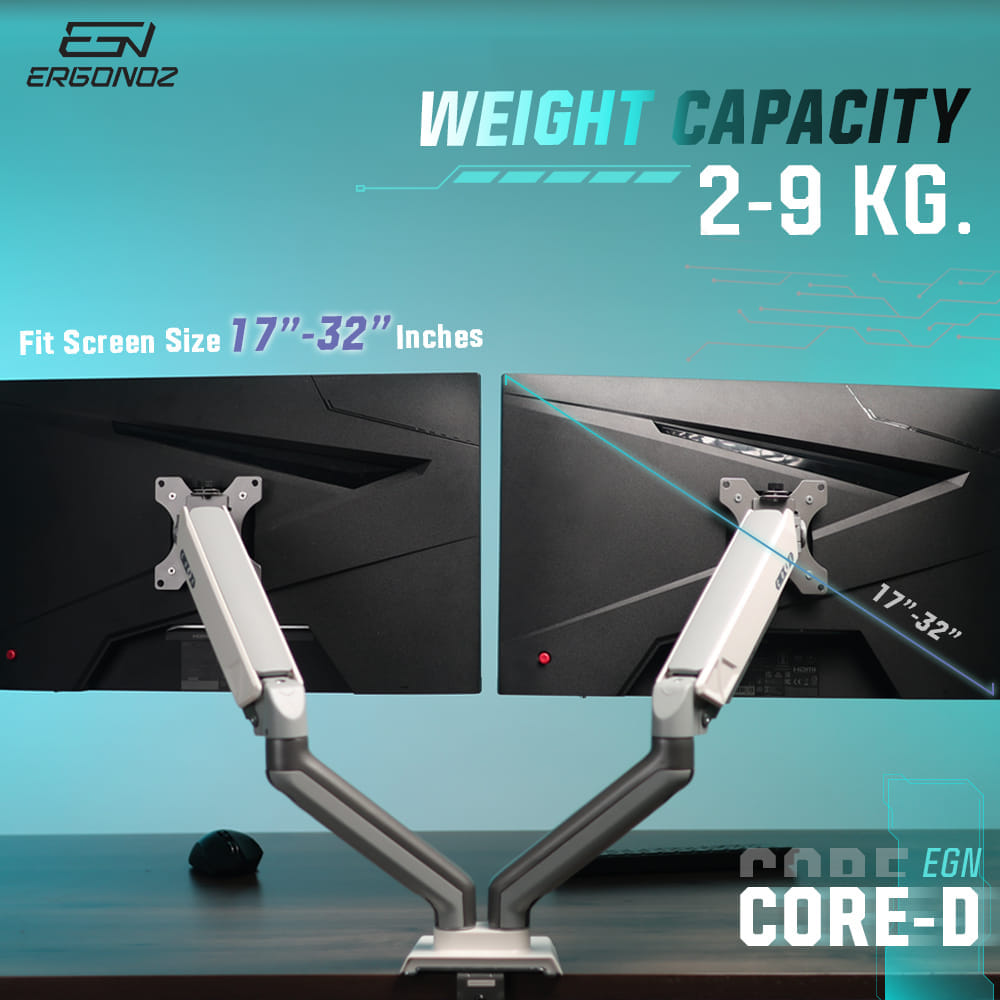 แขนจับจอ ERGONOZ รุ่น CORE แขนคู่ สำหรับหน้าจอ 17 - 32 นิ้ว สีเทาเข้มและขาว พร้อมที่วางแล็ปท็อป V.3 สีดำ (EGN-C-D-G-ACC01V3-B))