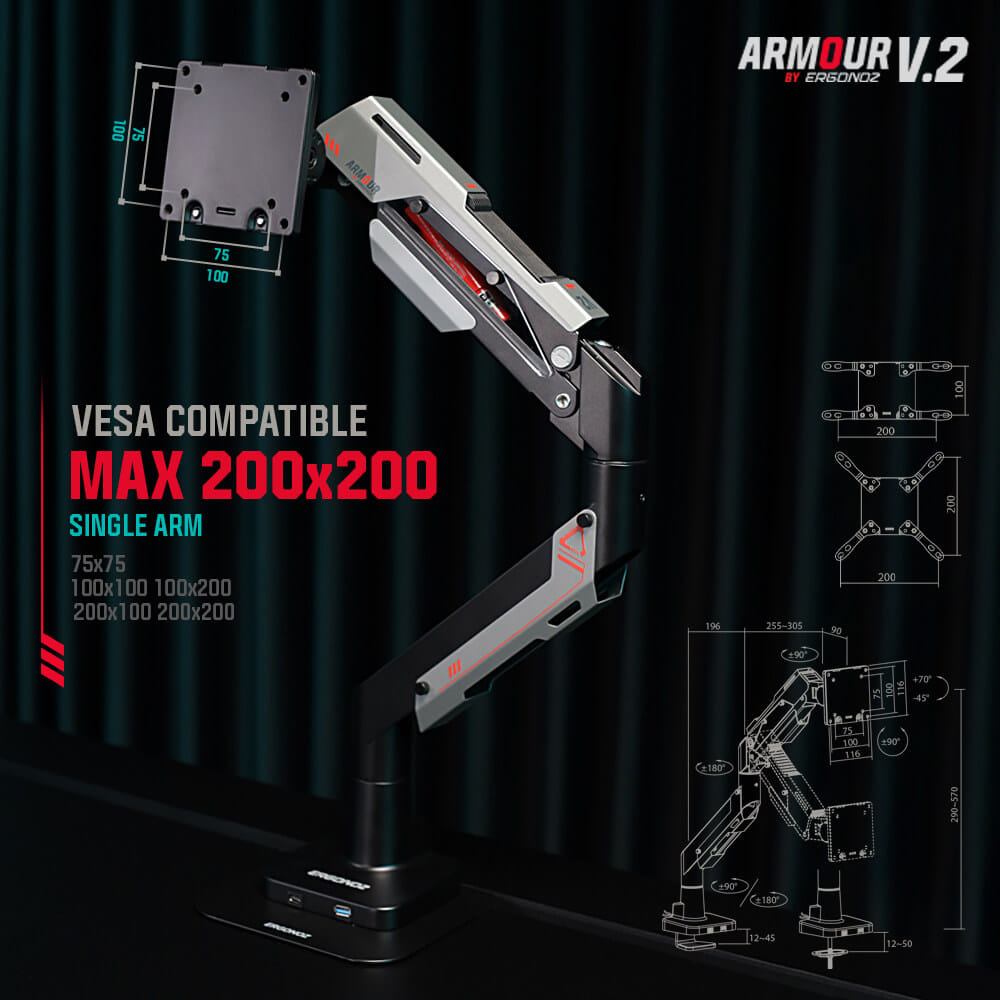แขนจับจอ ERGONOZ รุ่น ARMOUR V.2 แขนเดี่ยว สำหรับหน้าจอ 24 - 57 นิ้ว สีเทาและแดงทับทิม (EGN-ARMOURV2-S)_2