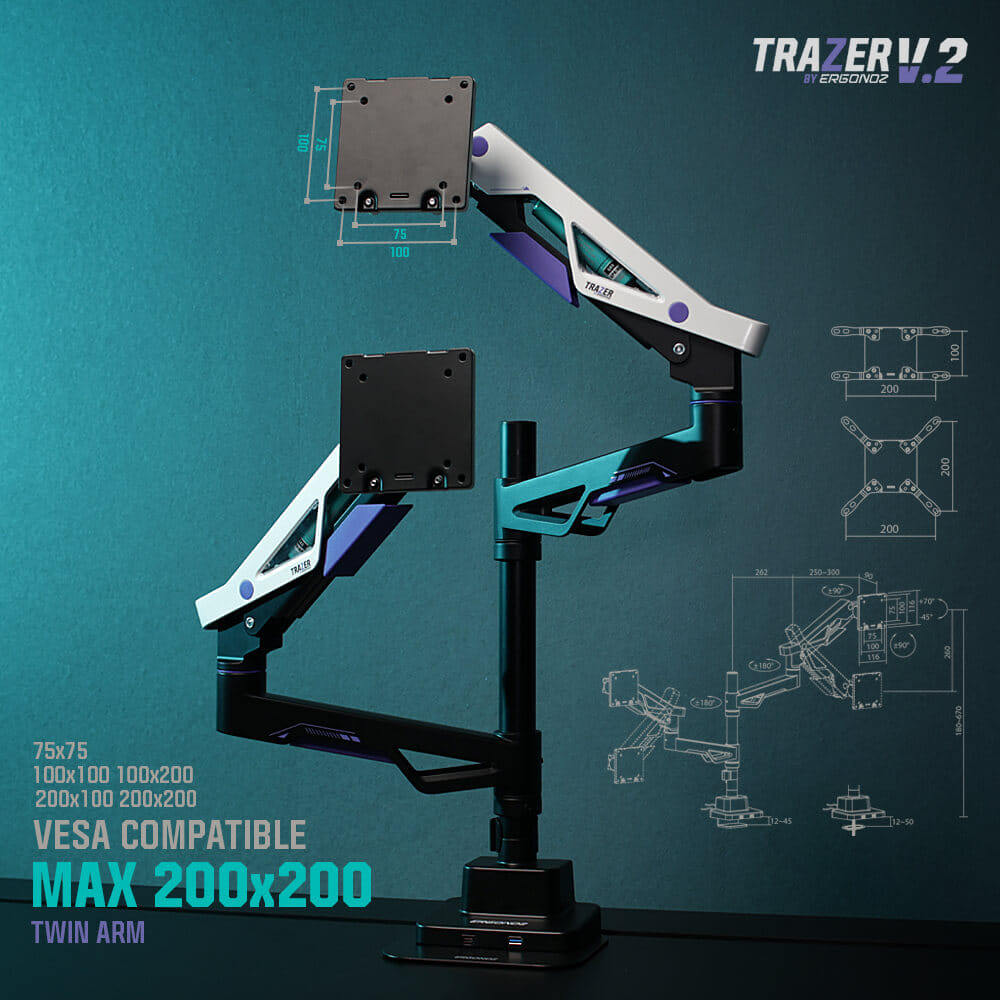 แขนจับจอ ERGONOZ รุ่น TRAZER V.2 แขนคู่ สำหรับหน้าจอ 24 - 57 นิ้ว สีดำด้าน, ขาวด้าน และม่วง (EGN-TRAZERV2-D)_3