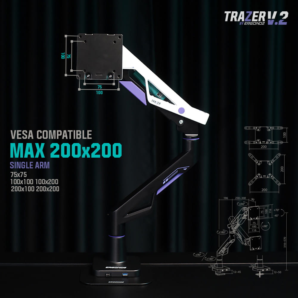 แขนจับจอ ERGONOZ รุ่น TRAZER V.2 แขนเดี่ยว สำหรับหน้าจอ 24 - 57 นิ้ว สีดำด้าน, ขาวด้าน และม่วง (EGN-TRAZERV2-S)