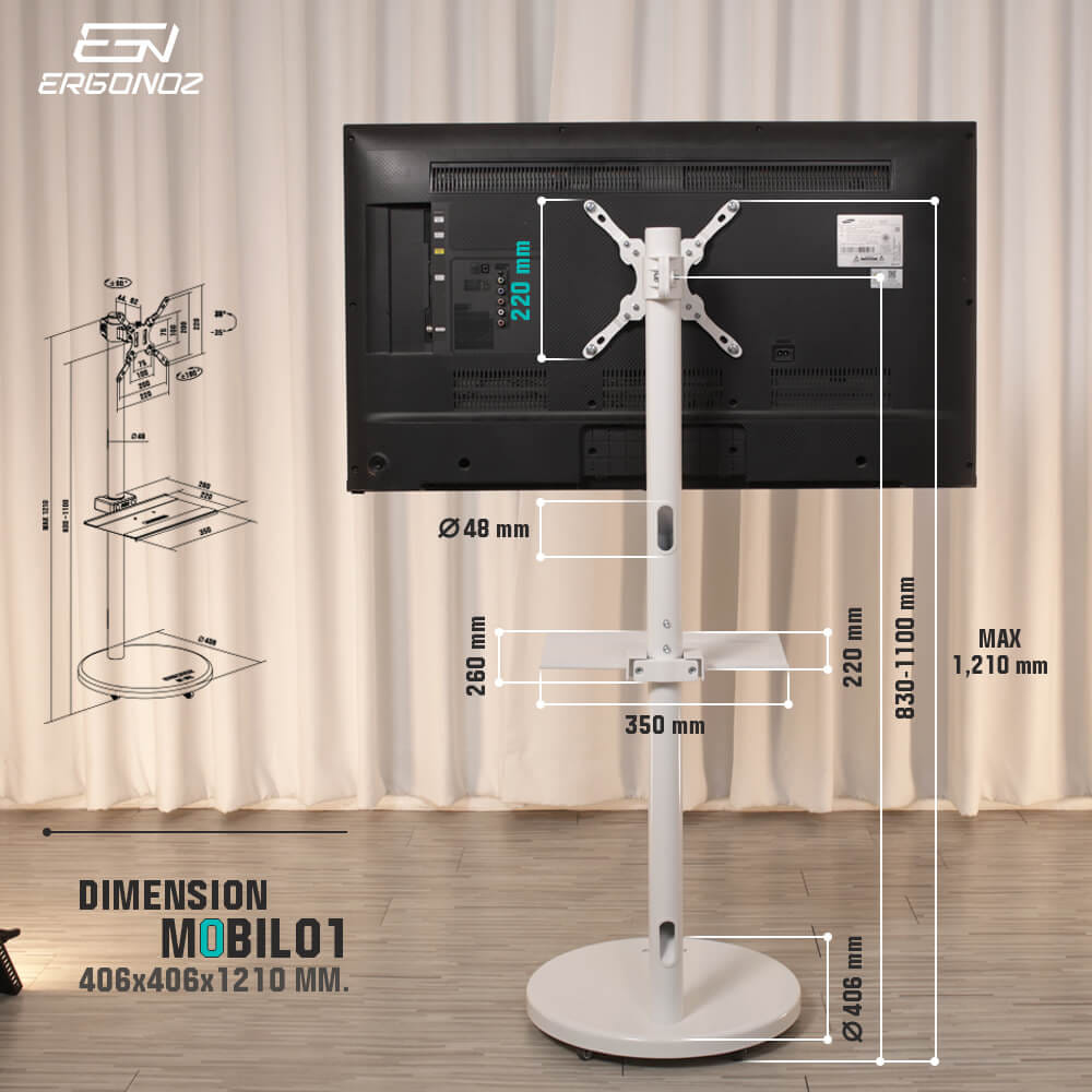 ขาตั้งจอทีวีปรับระดับ มีล้อเลื่อน ERGONOZ EGN-MOBIL01-W, สีขาว_3