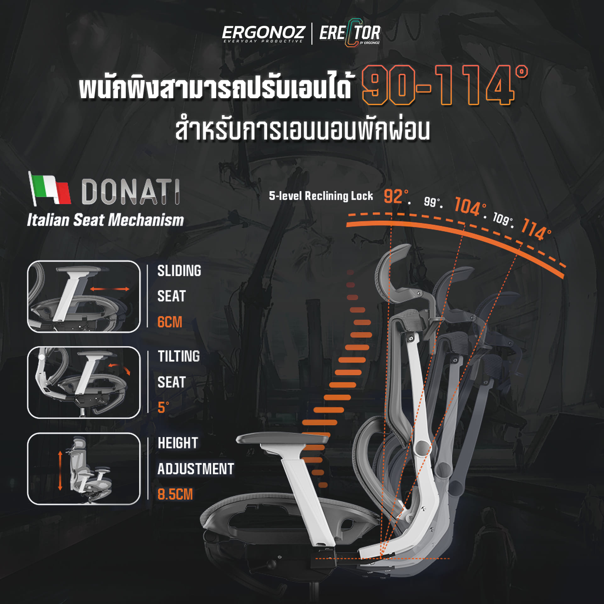 เก้าอี้ทำงาน เก้าอี้สุขภาพ ERGONOZ EGN-ERECTOR-G สีเทา ไม่มีที่พักเท้า (ERECTOR ACTIVE LUMBAR ERGONOMIC CHAIR)_4