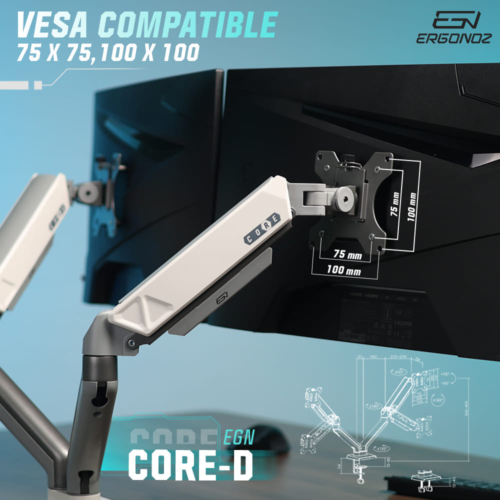 แขนจับจอ ERGONOZ รุ่น CORE แขนคู่ สำหรับหน้าจอ 17 - 32 นิ้ว สีเทาเข้มและขาว พร้อมที่วางแล็ปท็อป V.3 สีขาว (EGN-C-D-G-ACC01V3-W)