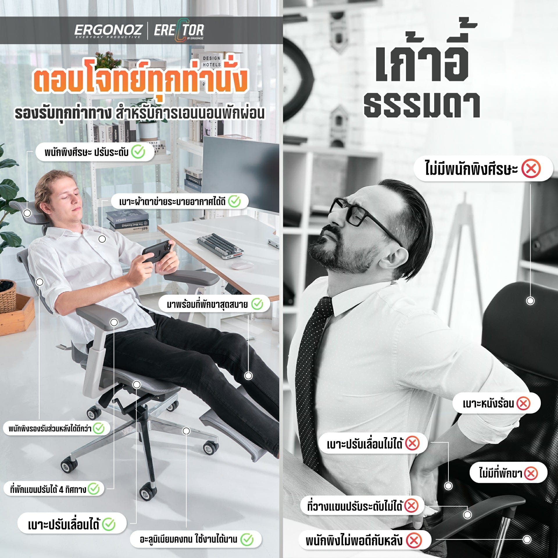 เก้าอี้ทำงาน เก้าอี้สุขภาพ ERGONOZ EGN-ERECTOR-B-1 สีดำ มีที่พักเท้า (ERECTOR ACTIVE LUMBAR ERGONOMIC CHAIR)_5