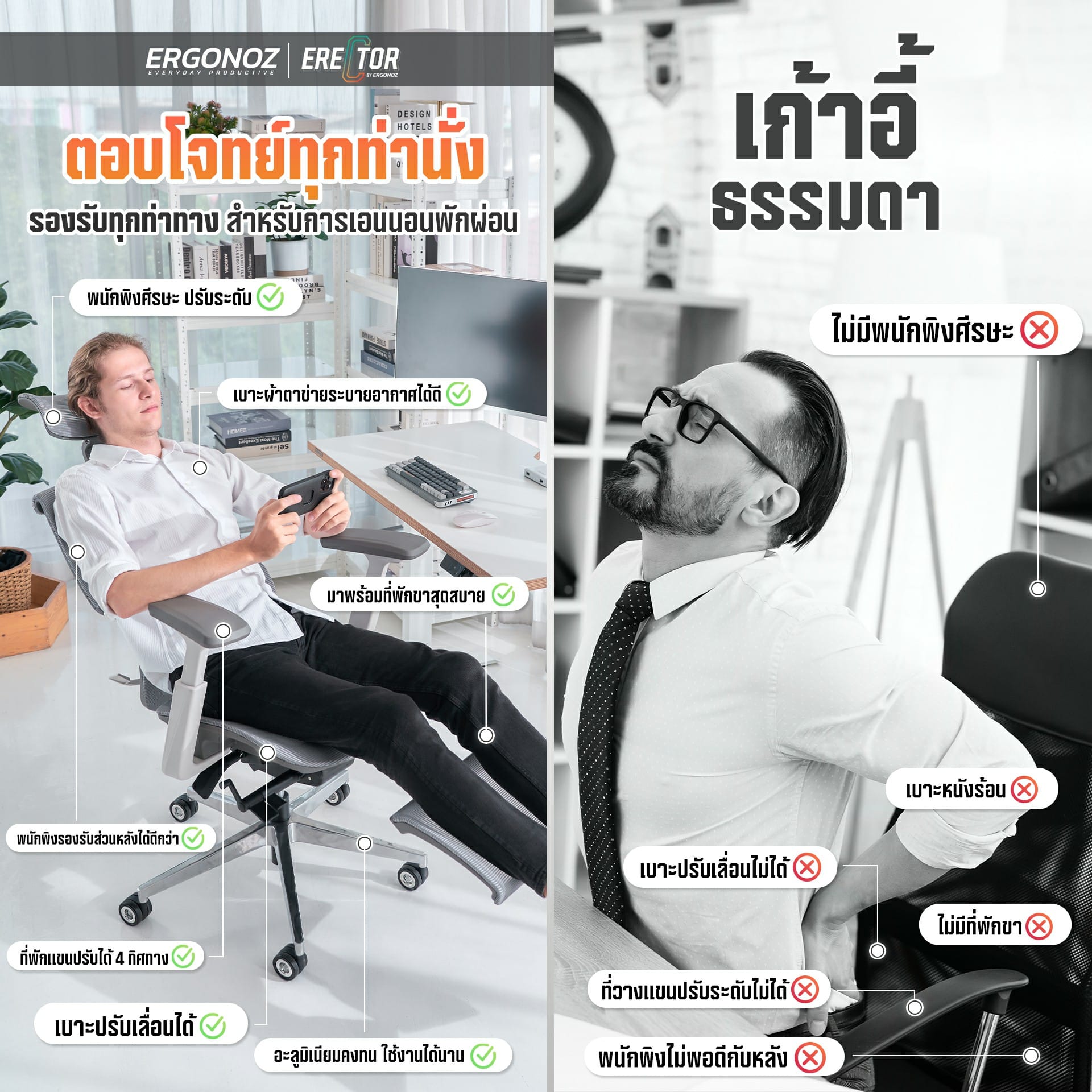 เก้าอี้ทำงาน เก้าอี้สุขภาพ ERGONOZ EGN-ERECTOR-G สีเทา ไม่มีที่พักเท้า (ERECTOR ACTIVE LUMBAR ERGONOMIC CHAIR)_5