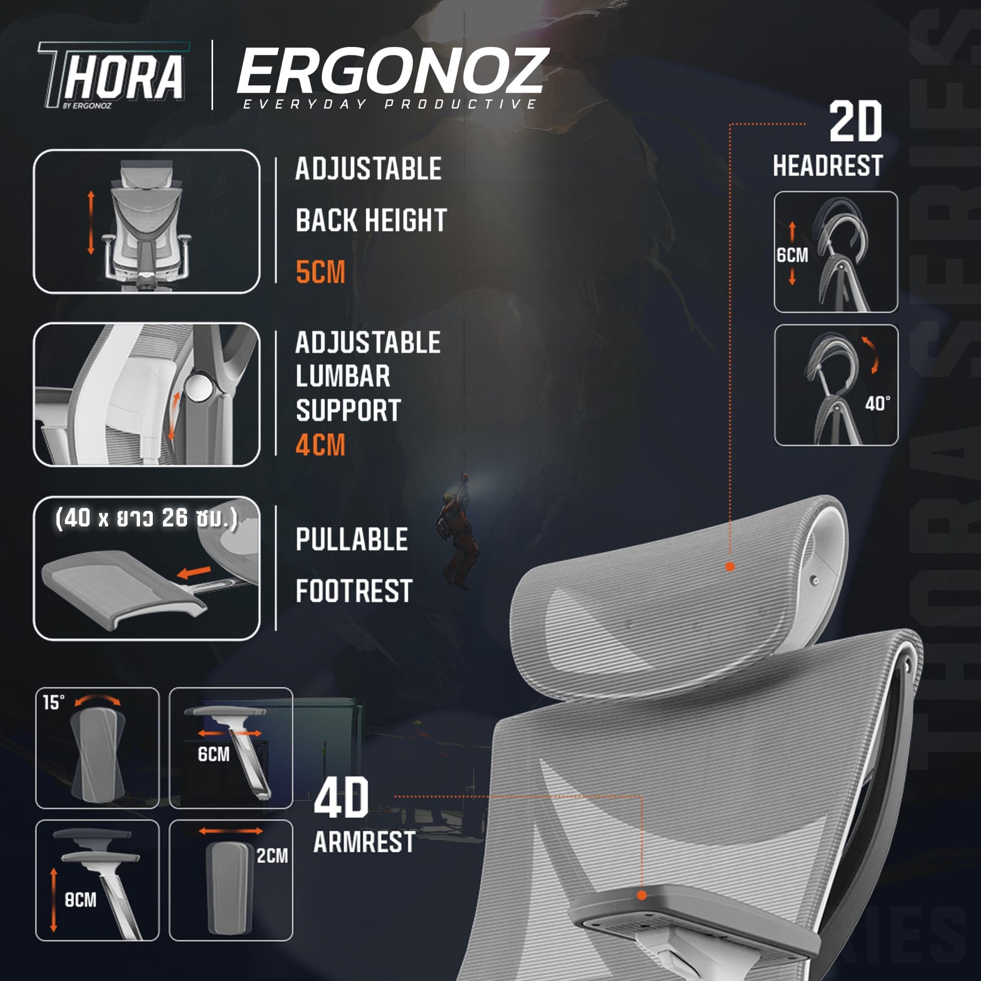 เก้าอี้ทำงาน เก้าอี้สุขภาพ ERGONOZ EGN-THORA-G สีเทา (THORA PROFESSIONAL ERGONOMIC CHAIR)_5