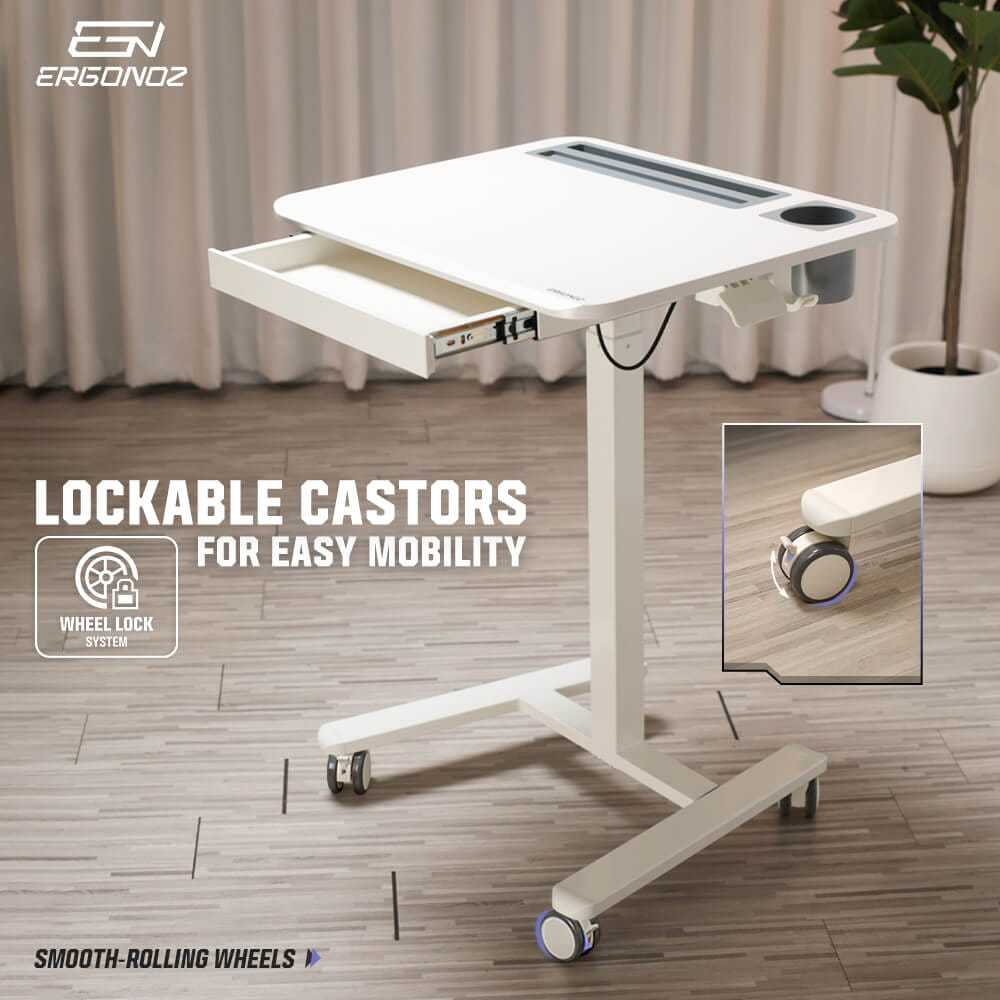 โต๊ะทำงานปรับระดับได้ มีแท่นวาง ลิ้นชัก และล้อเลื่อน ERGONOZ EGN-STA06-W, สีขาว (MULIT-PURPOSE MOBILE DESK WITH TABLE STAND & DRAWER)_6