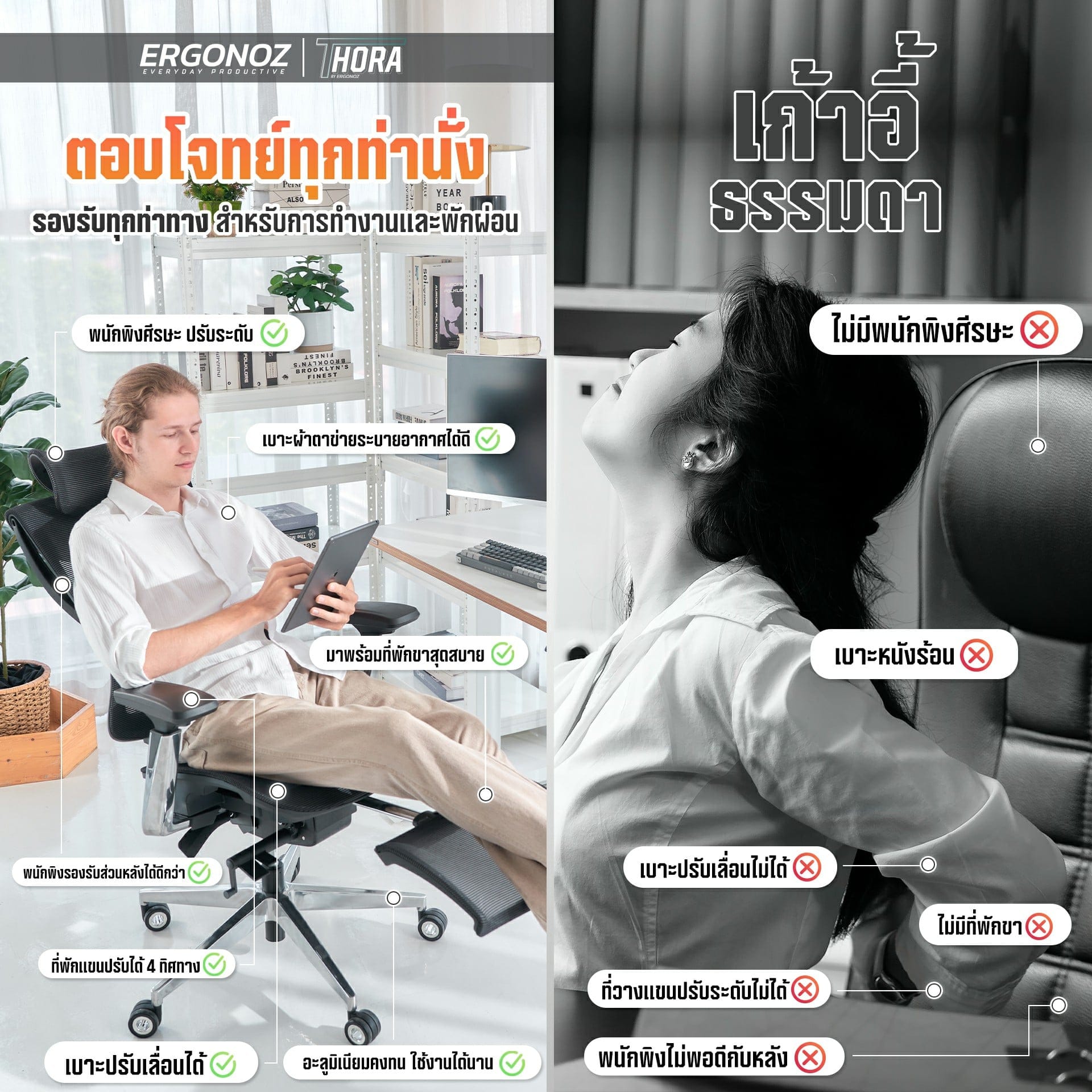 เก้าอี้ทำงาน เก้าอี้สุขภาพ ERGONOZ EGN-THORA-G สีเทา (THORA PROFESSIONAL ERGONOMIC CHAIR)_7