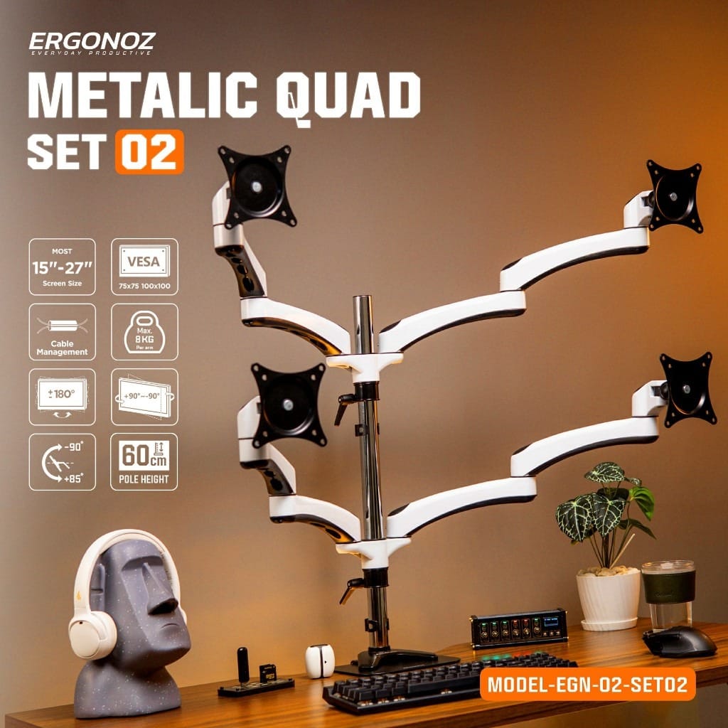 แขนจับจอ ERGONOZ รุ่น METALIC 02 DIY SET02 แขนเดี่ยว สำหรับหน้าจอ 15 - 27 นิ้ว จำนวน 4 จอ สีขาว (EGN-02-SET02-W)_2