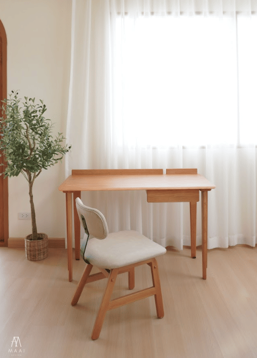 เก้าอี้ไม้ยางพารา MAAI DESIGN MIKUSU CHAIR(PUL 10) สีลาเต้(ขาสีโอีค) เบาะหนังหนานุ่ม พนักพิงเหล็ก_1