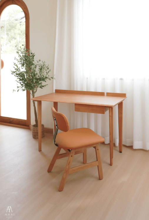 เก้าอี้ไม้ยางพารา MAAI DESIGN MIKUSU CHAIR(SMT PU) สีส้ม(ขาสีโอ๊ค) เบาะหนังหนานุ่ม พนักพิงเหล็ก_5