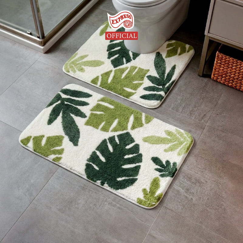 พรมเช็ดเท้าชุดห้องน้ำ 2 ชิ้น EXPRESS CARPET รุ่น AG6-8 ขนาด45X70 ซม.และ พรมรูปตัว U 50X60 ซม. หนา 18-23 มม. สีขาว/เขียว 