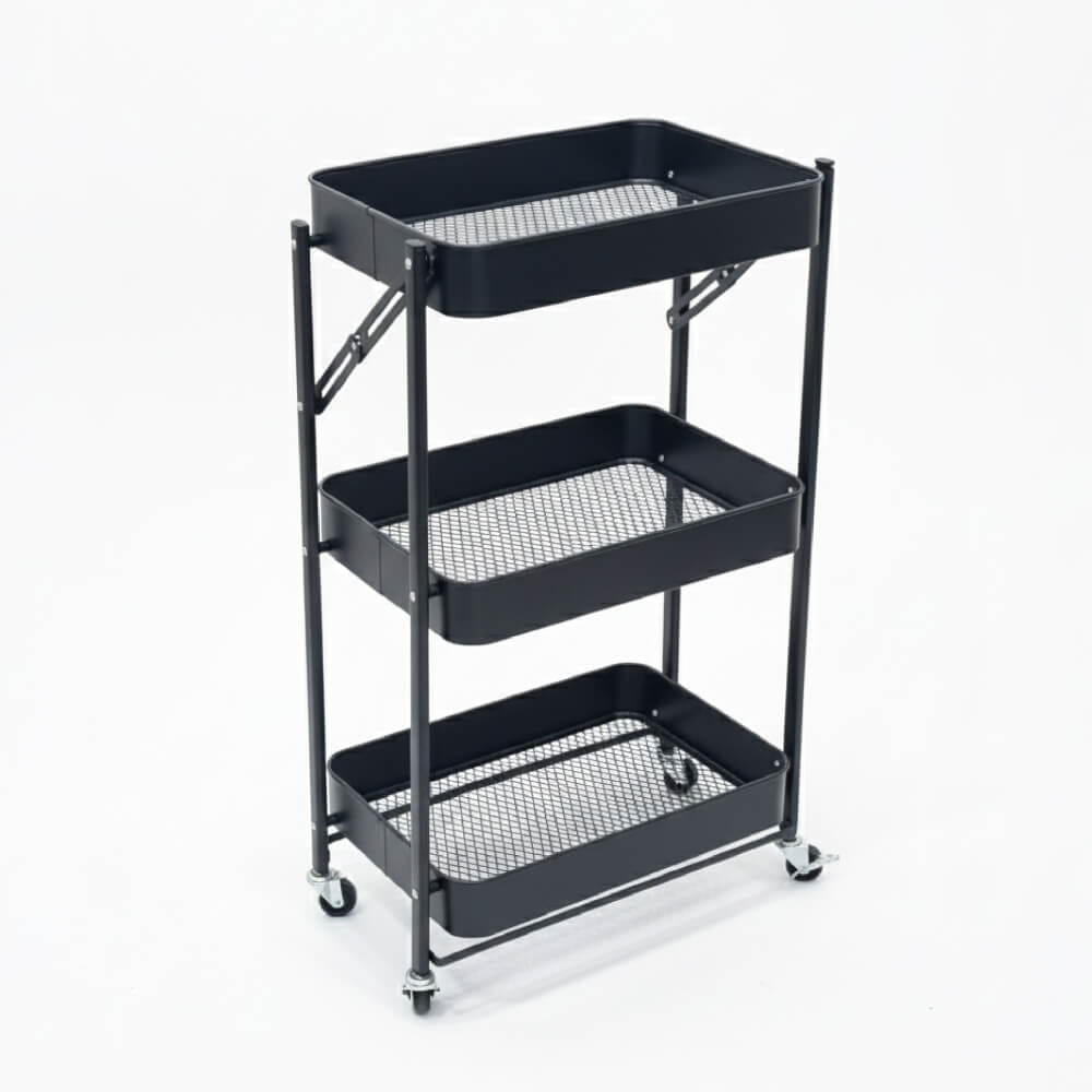 ชั้นรถเข็นอเนกประสงค์ KEFVA 3 ชั้น แบบพับได้ พร้อมล้อเลื่อน ขนาด 45X29X77 ซม. สีดำ