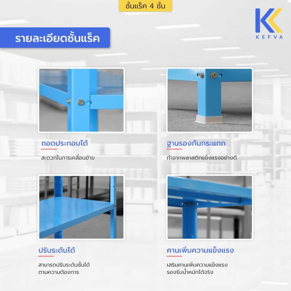 ชั้นวางของเหล็ก KEFVA 4 ชั้น ชั้นแร็คอเนกประสงค์ รับน้ำหนัก 100 กก./ชั้น ขนาด 40X120X150 ซม. สีฟ้า_3
