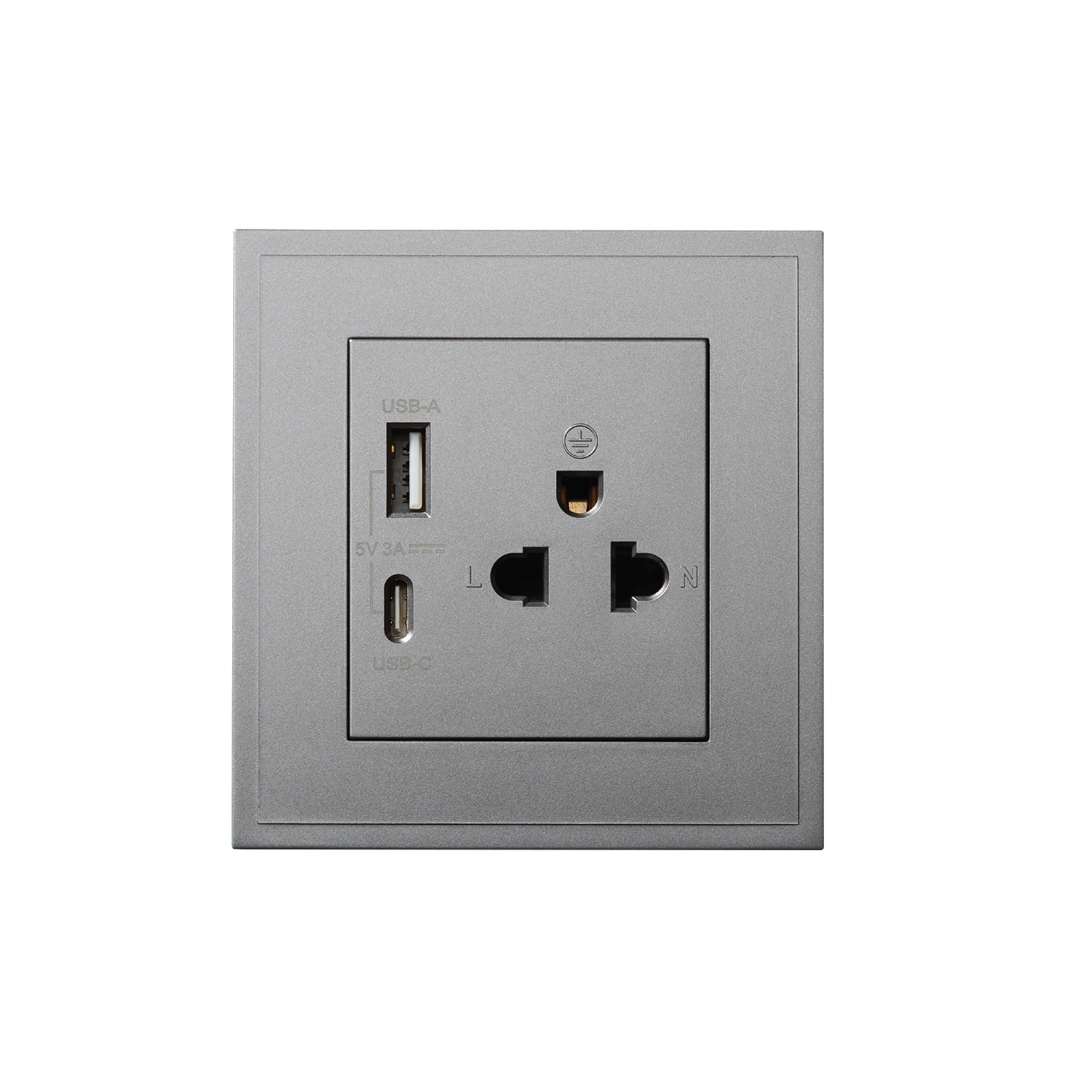 ชุดเต้ารับคู่ 3 ขา ART DNA รุ่น D3 SERIES WITH USB TYPE A+C CHARGER SOCKET DESIGN SWITCH สี GREY
