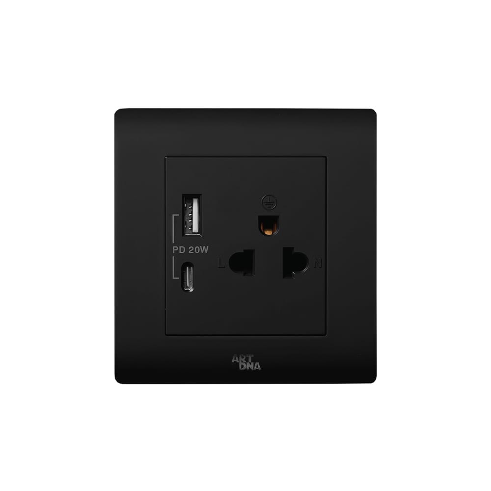 ชุดเต้ารับคู่ 3 ขา ART DNA รุ่น A61 SERIES WITH USB TYPE A+C CHARGER SOCKET DESIGN SWITCH สี BLACK
