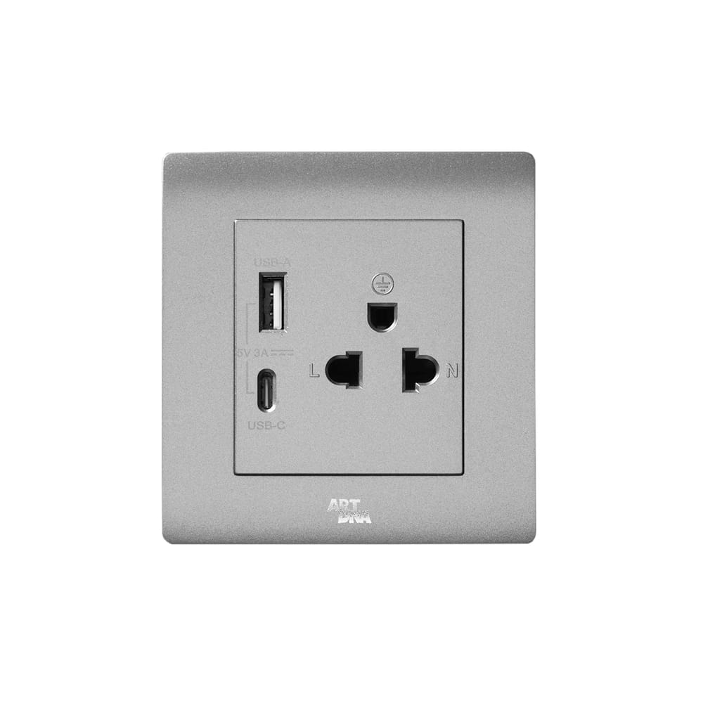 ชุดเต้ารับคู่ 3 ขา ART DNA รุ่น A61 SERIES WITH USB TYPE A+C CHARGER SOCKET DESIGN SWITCH สี SILVER