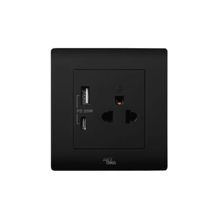 ชุดเต้ารับคู่ 3 ขา ART DNA รุ่น A61 SERIES WITH USB TYPE A+C CHARGER SOCKET DESIGN SWITCH สี BLACK_1