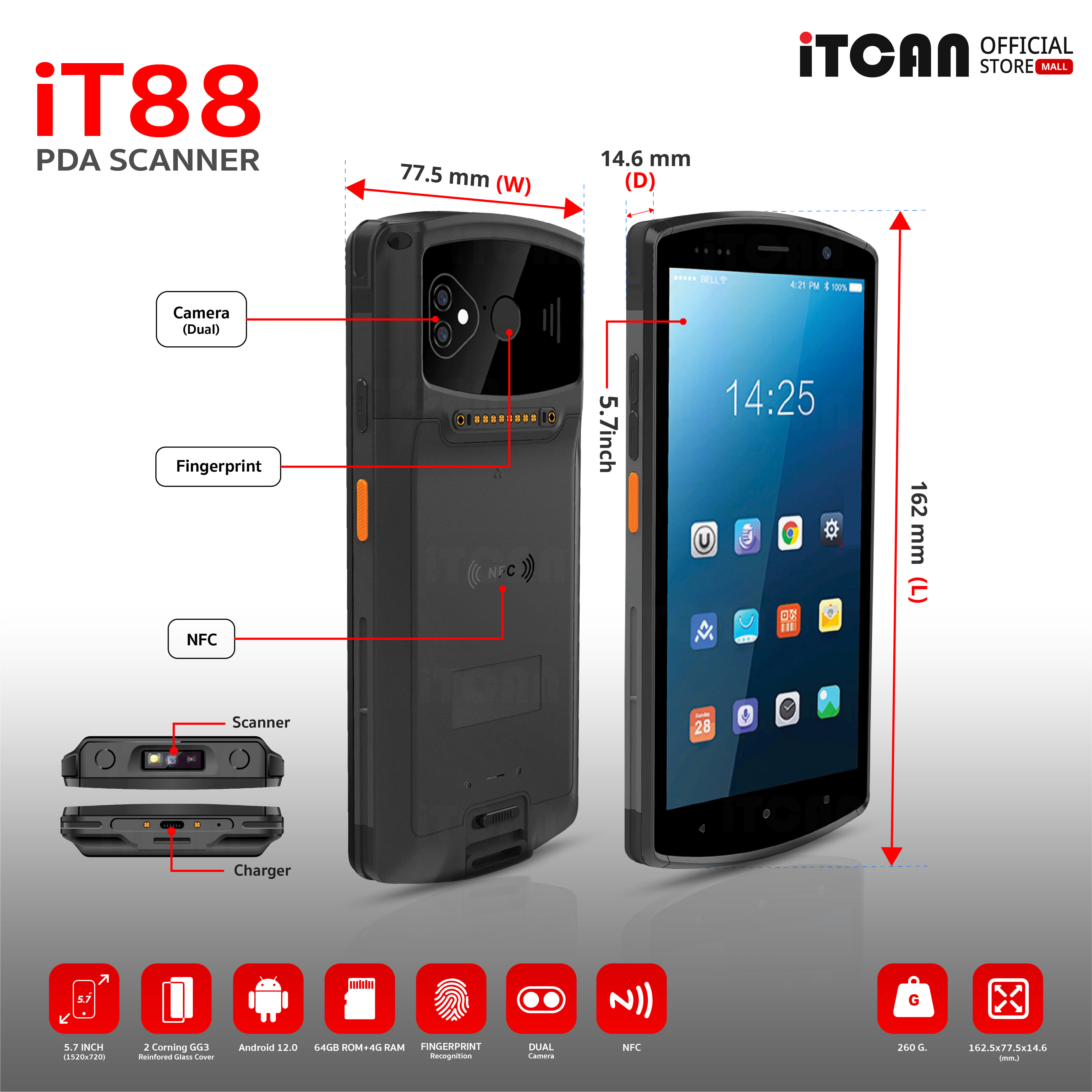 เครื่องสแกนบาร์โค้ด ITCAN PDA IT88 ไร้สาย หน้าจอสัมผัส