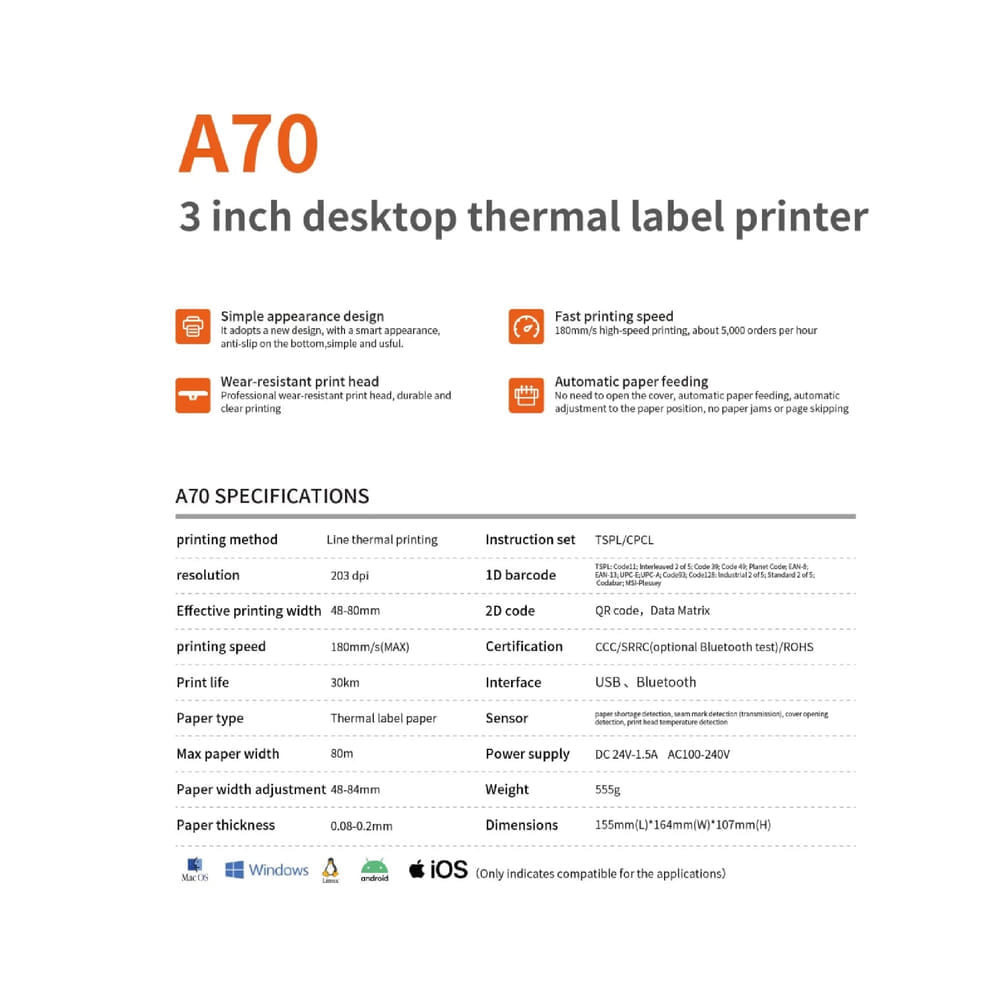 เครื่องพิมพ์ฉลากความร้อน AIYIN A70 BLUETOOTH ปริ้นสติกเกอร์ความร้อน