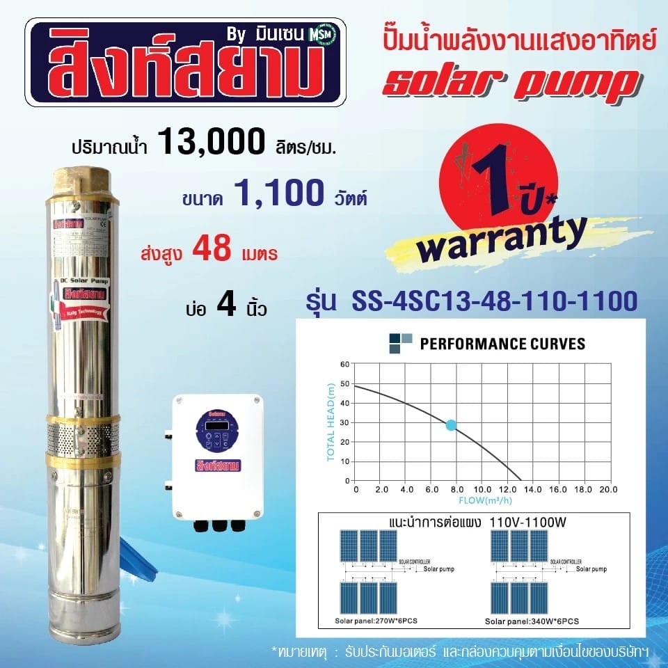 ปั๊มบาดาลโซล่าเซลล์ สิงห์สยาม รุ่น 4SC13-48-110-1100 ขนาดบ่อ 4 นิ้ว กำลังไฟ 1100 วัตต์