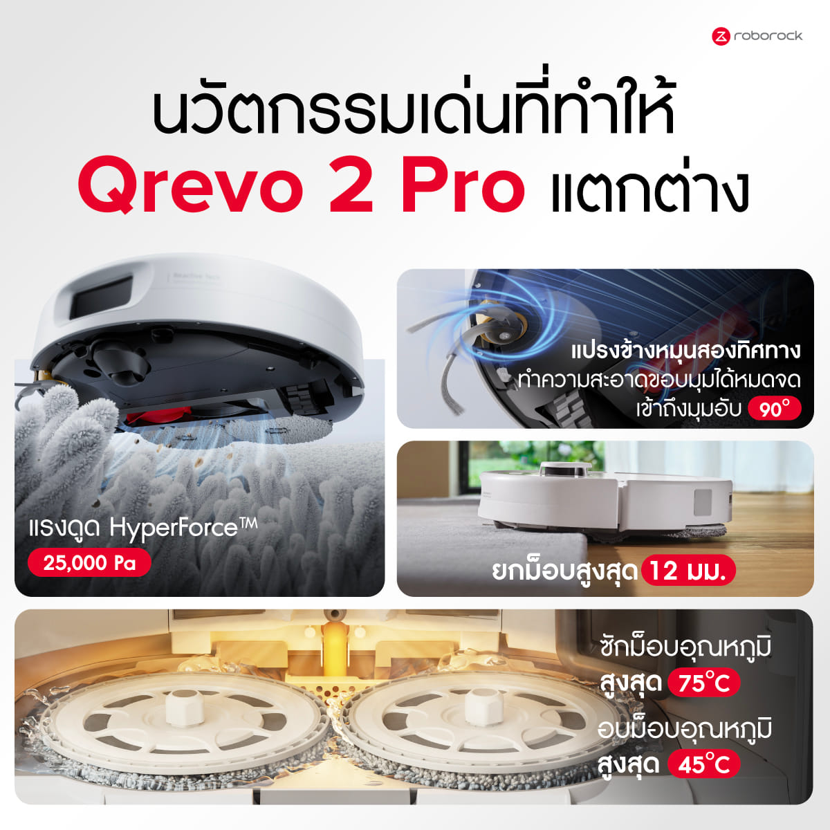 หุ่นยนต์ดูดฝุ่นถูพื้น ROBOROCK QREVO 2 PRO 25,000 PA สีขาว (NEW 2026)_5