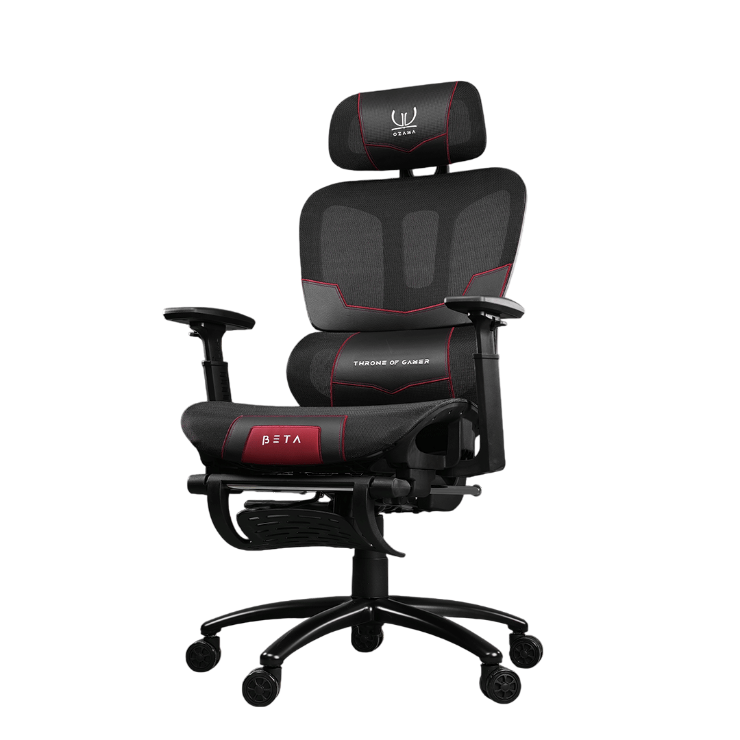 เก้าอี้สุขภาพ ดีไซน์เกมมิ่ง OZAMA ภายใต้แบรนด์ TENGUGAMINGGEARS รุ่น BETA (CH-BT-RDF) สีดำแดง เบาะตาข่าย มีที่พักเท้า_0