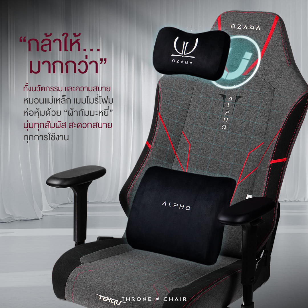 บัลลังก์เกมมิ่ง OZAMA ภายใต้แบรนด์ TENGUGAMINGGEARS รุ่น ALPHA FABRIC (CH-AP-F-LG) สีเทา เบาะผ้า_5