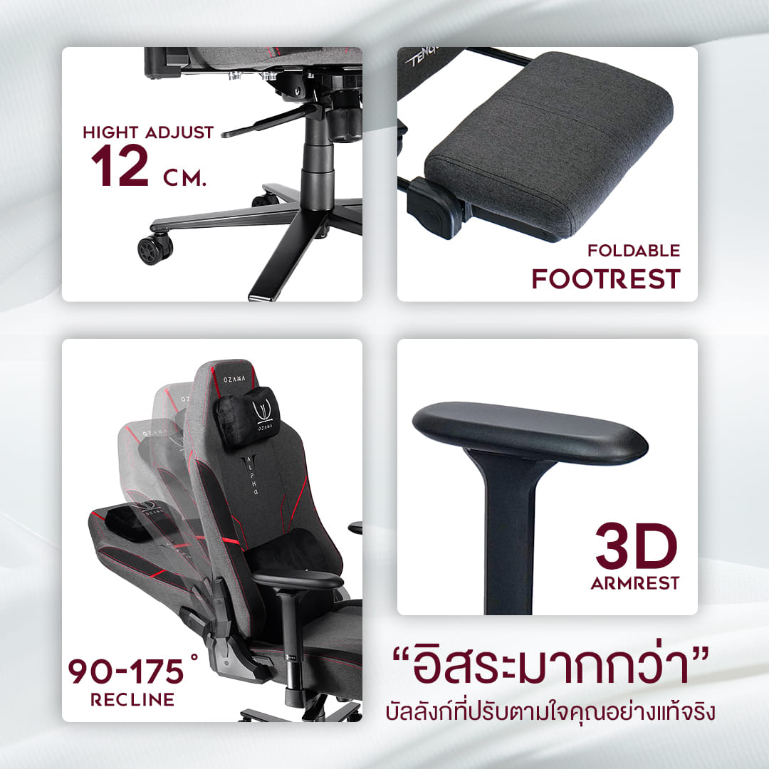 บัลลังก์เกมมิ่ง OZAMA ภายใต้แบรนด์ TENGUGAMINGGEARS รุ่น ALPHA FABRIC (CH-AP-F-LG) สีเทา เบาะผ้า_7