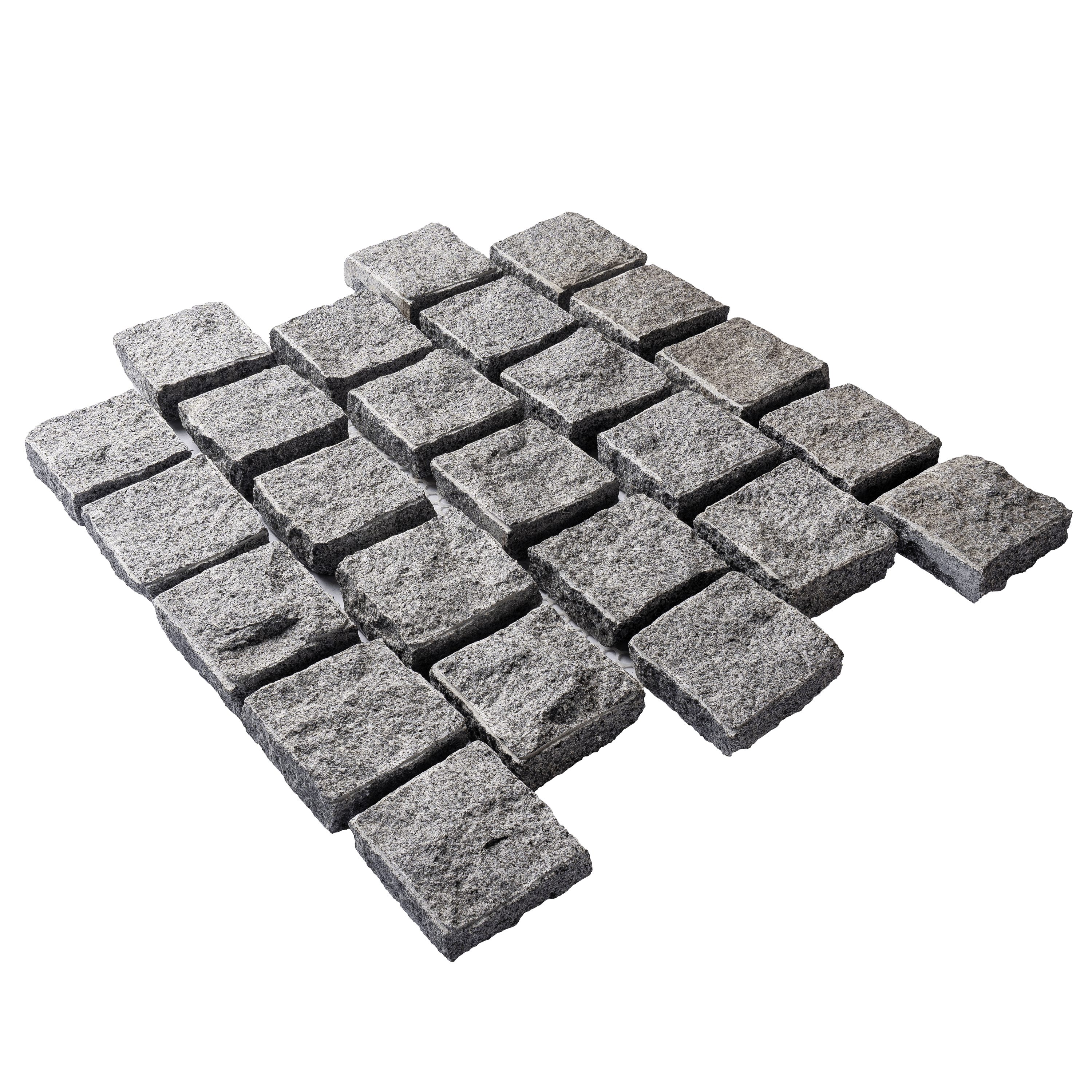 หินลูกเต๋าปูพื้น COBBLESTONE แบบแผ่นสำเร็จ MODERN DECOR รุ่นคลาสสิก ผิวธรรมชาติ ข้างตัดธรรมชาติ 50X55X3 ซม. หินธรรมชาติแกรนิตสีเทา ลายเรียงสลับ_0