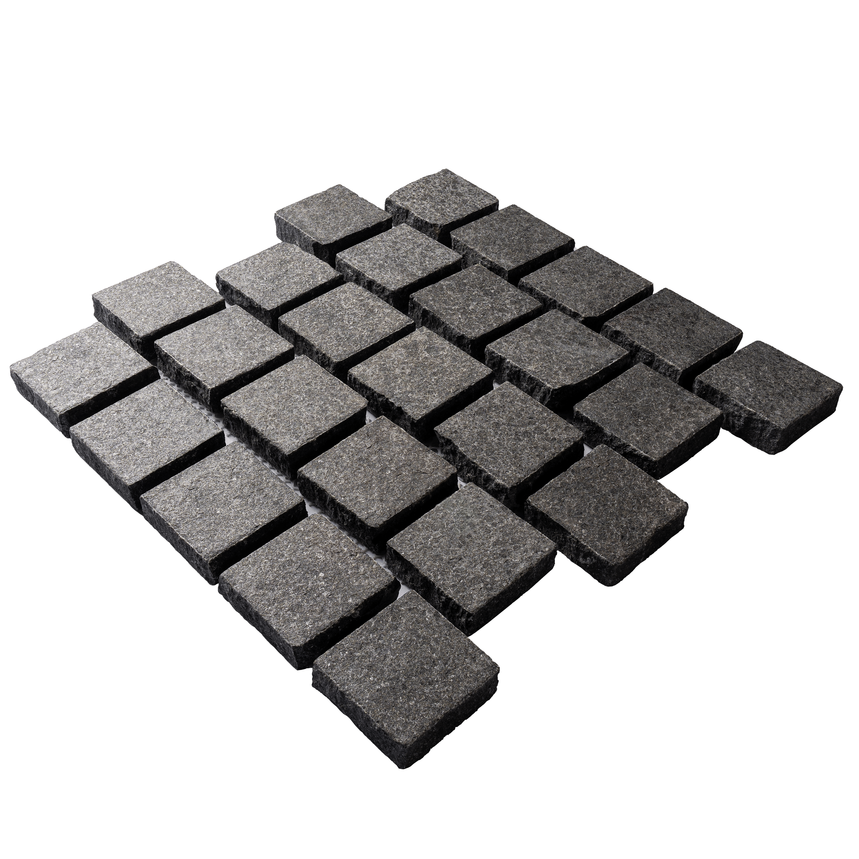 หินลูกเต๋าปูพื้น COBBLESTONE แบบแผ่นสำเร็จ MODERN DECOR รุ่นซิมพลี ผิวพ่นไฟ ข้างตัดธรรมชาติ 50X55X3 ซม. หินธรรมชาติแกรนิตสีดำ ลายเรียงสลับ_0