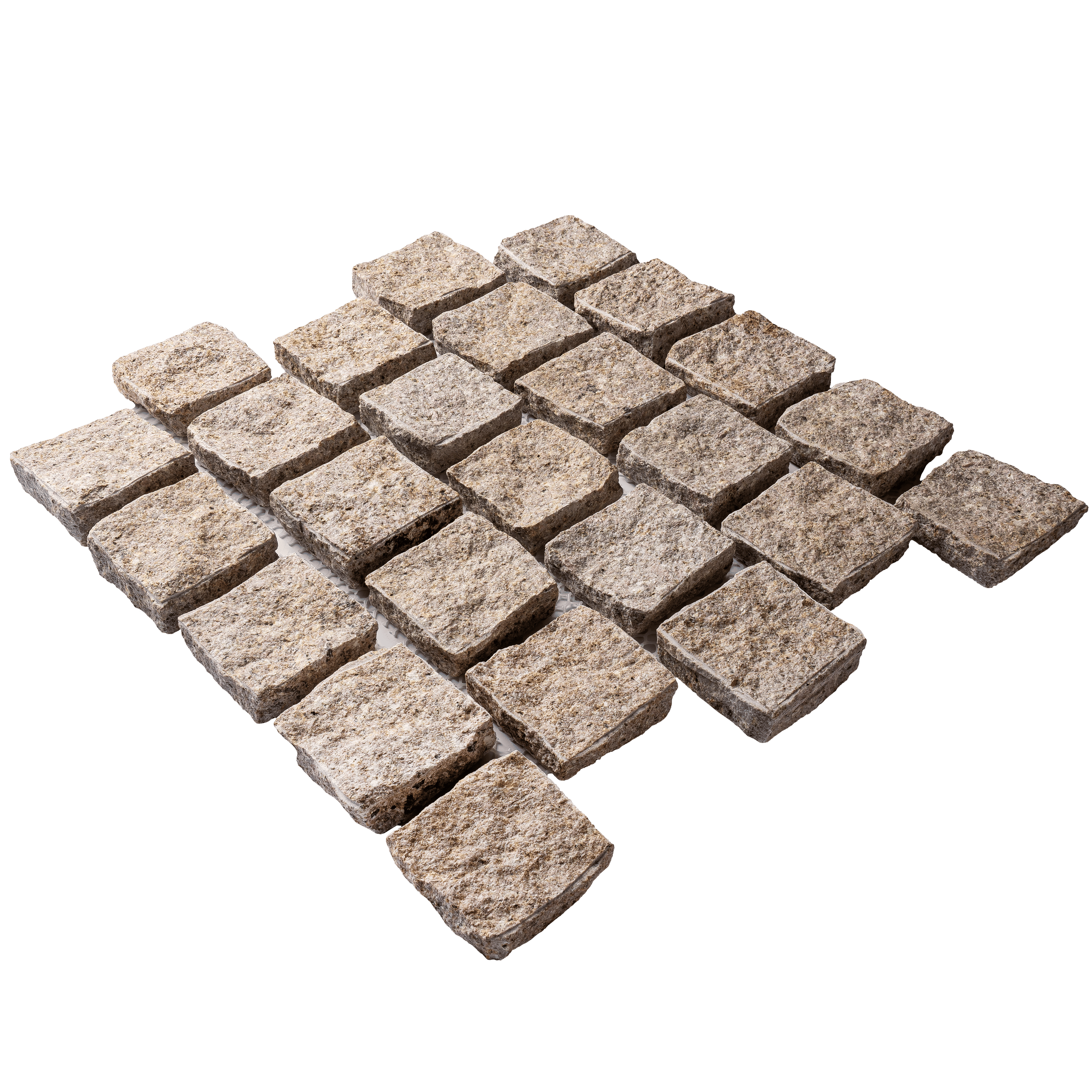 หินลูกเต๋าปูพื้น COBBLESTONE แบบแผ่นสำเร็จ MODERN DECOR รุ่นคลาสสิก ผิวธรรมชาติ ข้างตัดธรรมชาติ 50X55X3 ซม. หินธรรมชาติแกรนิตสีเหลือง ลายเรียงสลับ_1