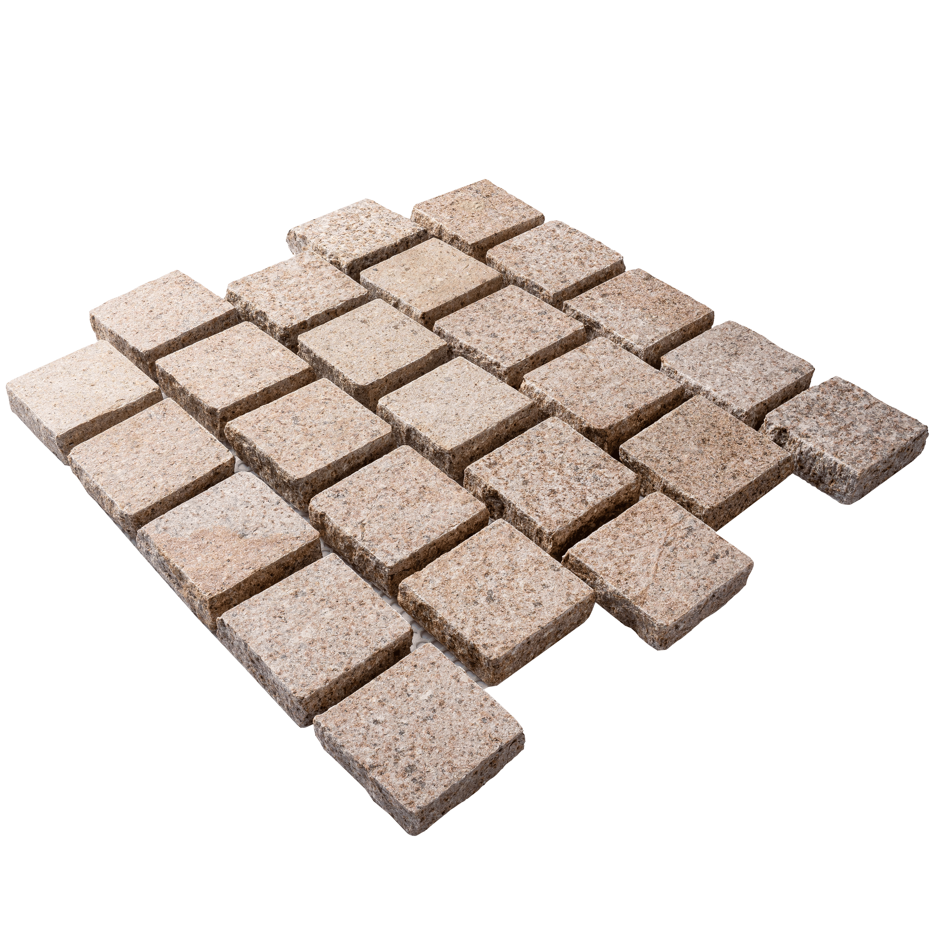 หินลูกเต๋าปูพื้น COBBLESTONE แบบแผ่นสำเร็จ MODERN DECOR รุ่นซิมพลี ผิวพ่นไฟ ข้างตัดธรรมชาติ 50X55X3 ซม. หินธรรมชาติแกรนิตเหลือง ลายเรียงสลับ_1
