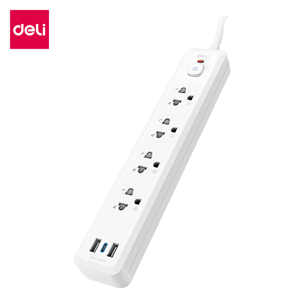 ปลั๊กไฟสามตา 4ช่อง 2USB 1TYPEC 3M DELI CT499-WH-01 สีขาว