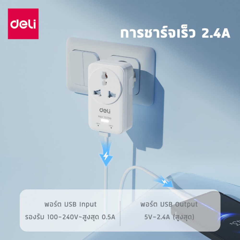 หัวแปลงปลั๊กไฟ DELI ET739-WH2-01 20 วัตต์_1