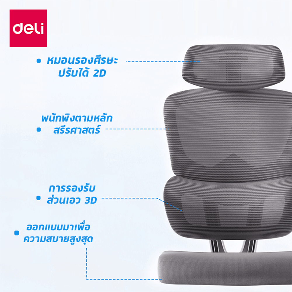 เก้าอี้สุขภาพ DELI E4981-WH-01 รองเอว-พักขา สีเทา