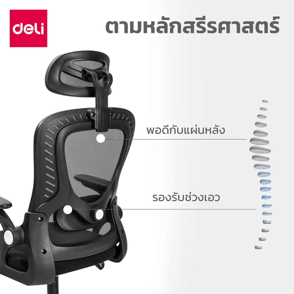 เก้าอี้ทำงาน DELI E4958-BK-01 2D รองเอวปรับได้ 3 CM สีดำ