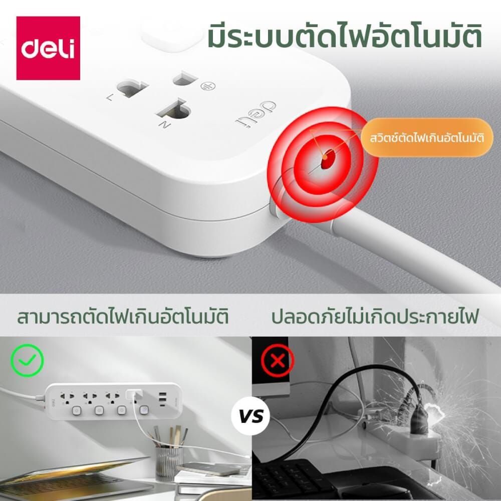 รางปลั๊กไฟ 3ช่อง 2USB 1TYPEC DELI CT492-GR-01 ความยาวสาย 3 เมตร